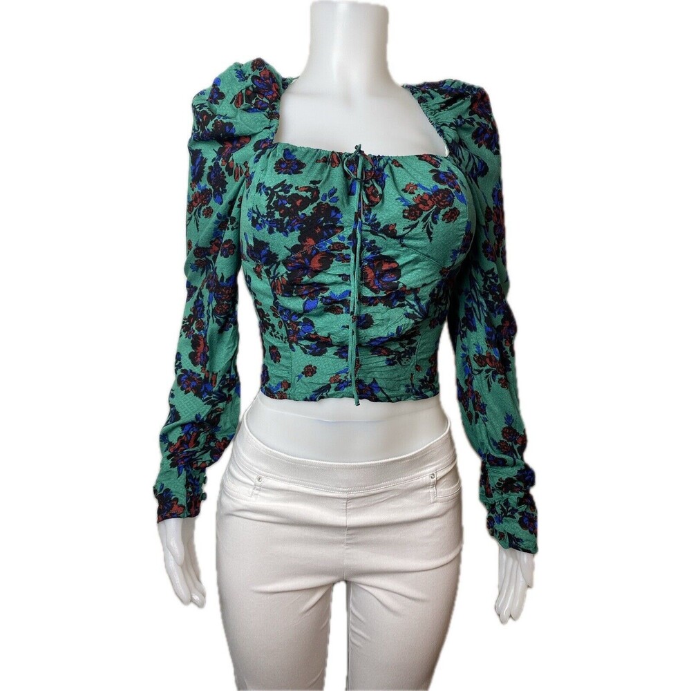 F. Free People Women Top Size L Floral Cropped Blouse  Puff Sleeve NWT $98